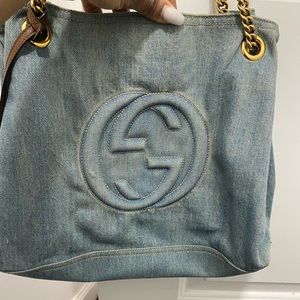 Gucci hobo bag jean material with brown tassel on handle